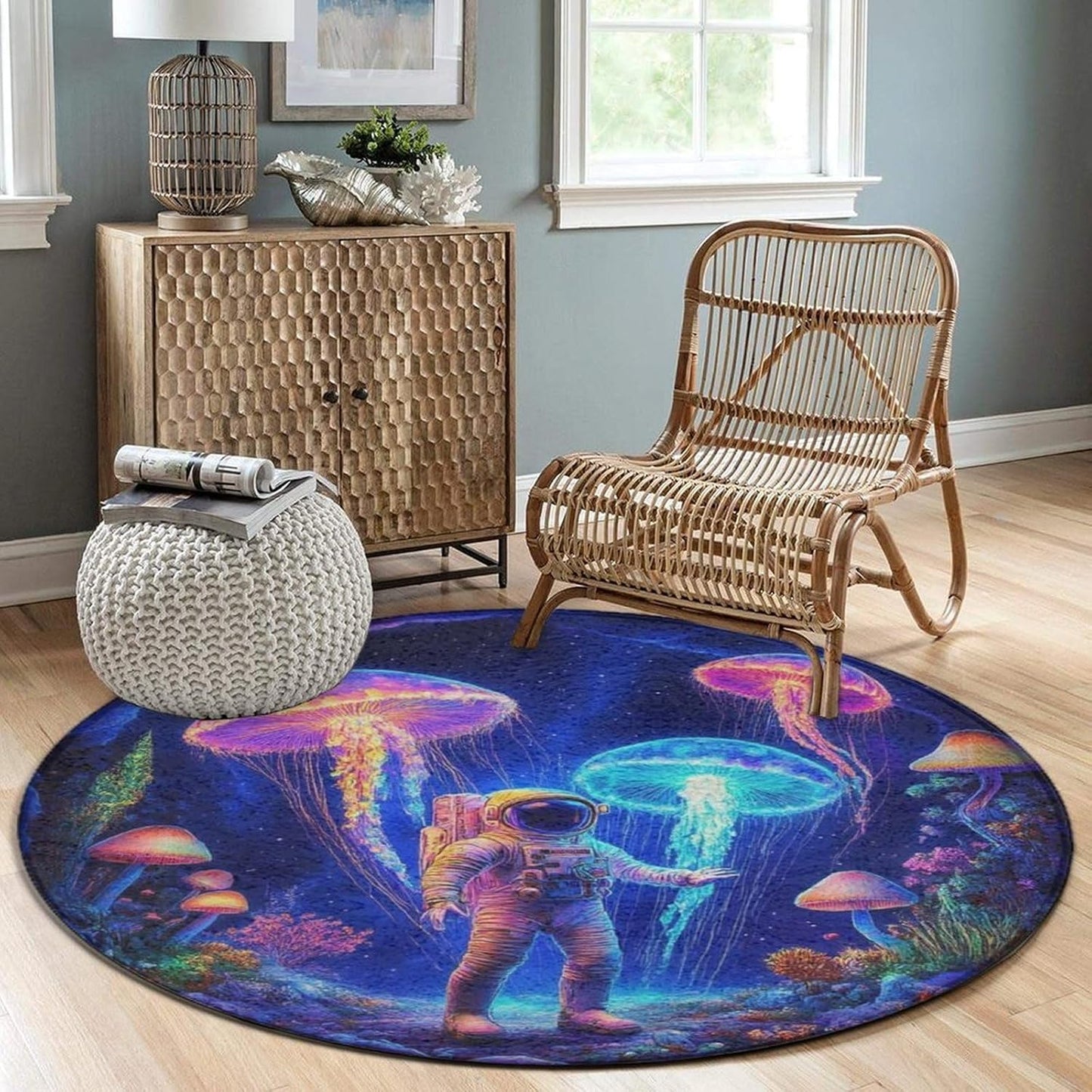 Machine Washable Modern Round Area Rug, Room Sofa Yoga Soft Round Carpet, Home Decor Non Slip Kitchen Office Circle Rug Trippy Rainbow Mushroom Tie Dye Art, 60inch