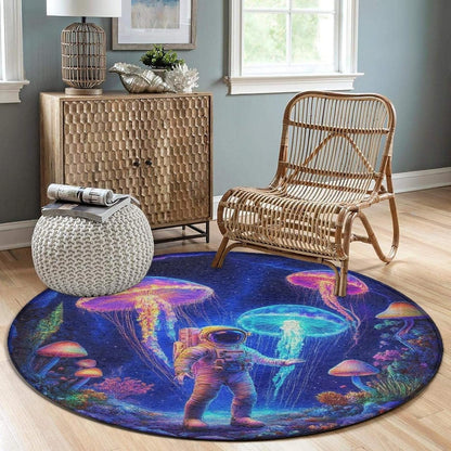Machine Washable Modern Round Area Rug, Room Sofa Yoga Soft Round Carpet, Home Decor Non Slip Kitchen Office Circle Rug Trippy Rainbow Mushroom Tie Dye Art, 60inch