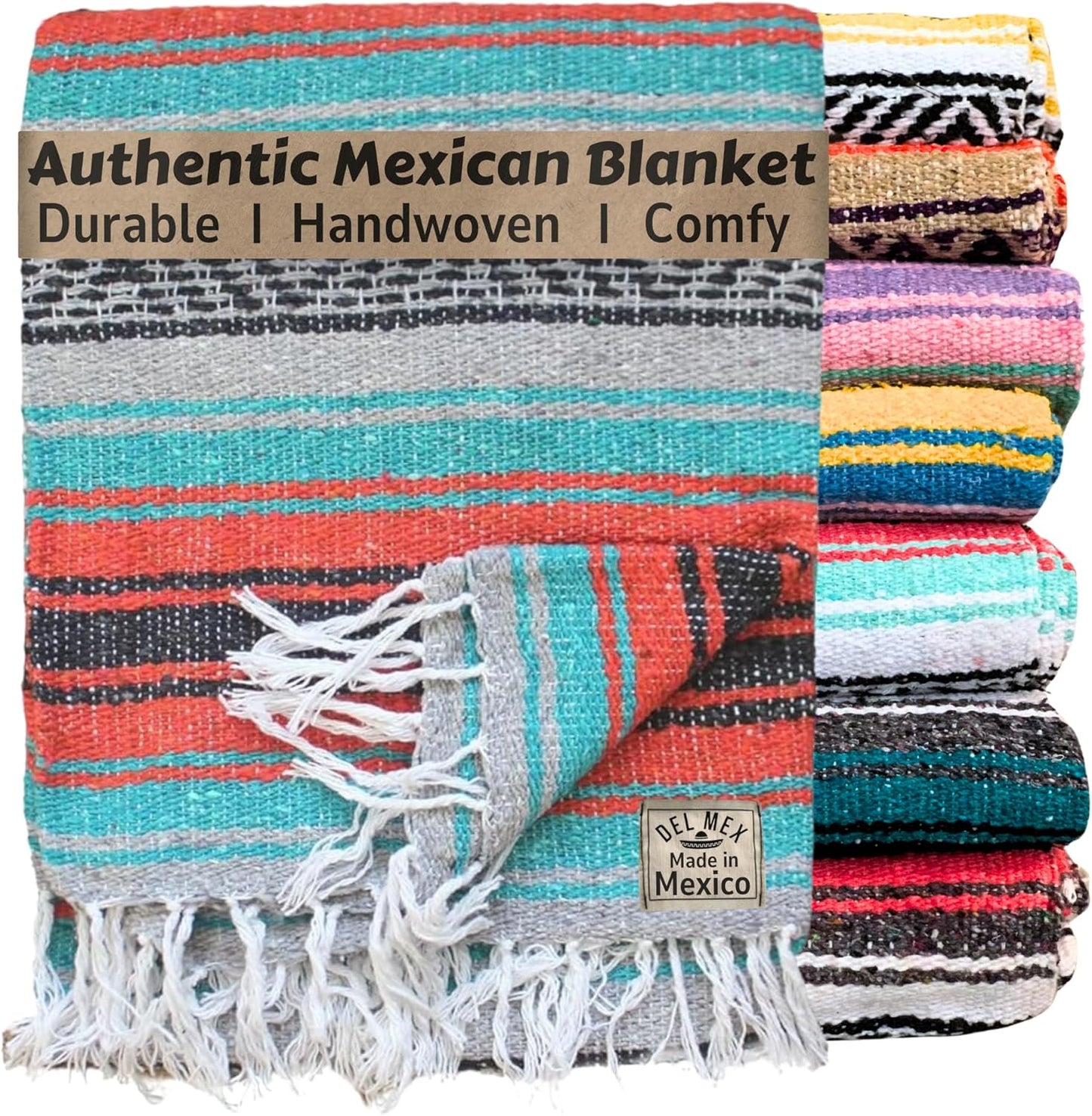 Del Mex Classic Mexican Blanket, Large Authentic Woven Falsa Throw (70"x50"), Artisan Southwest Décor for Beach, Yoga, Outdoors (Lavender)