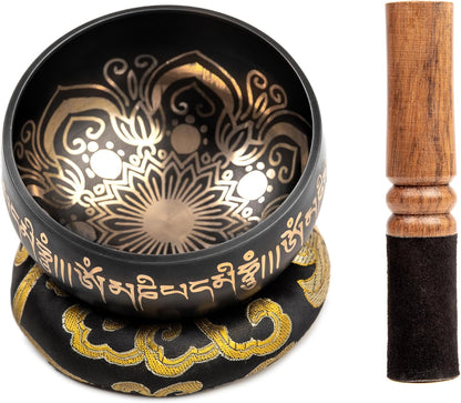 Tibetan Singing Bowl Set - 4" Easy To Play Authentic Handmade For Meditation Sound 7 Chakra Healing By HIMALAYAN BAZAAR (Black with Box, 4")