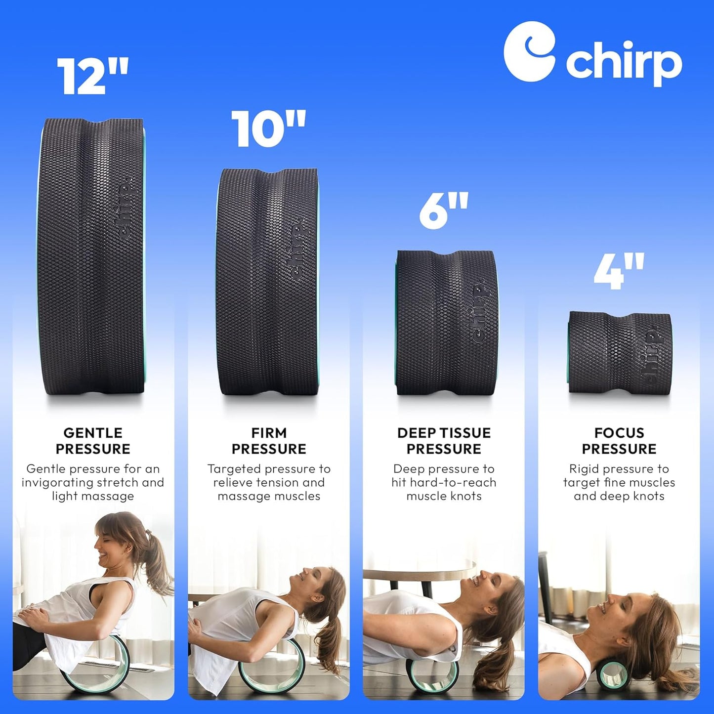 Chirp Wheel Foam Roller – Targeted Back & Neck Relief, Lumbar Spine Stretcher, Spinal Decompression Back Stretcher, Massage Roller with Density Foam for Physical Therapy, Supports 500lbs, 4-Pack Black