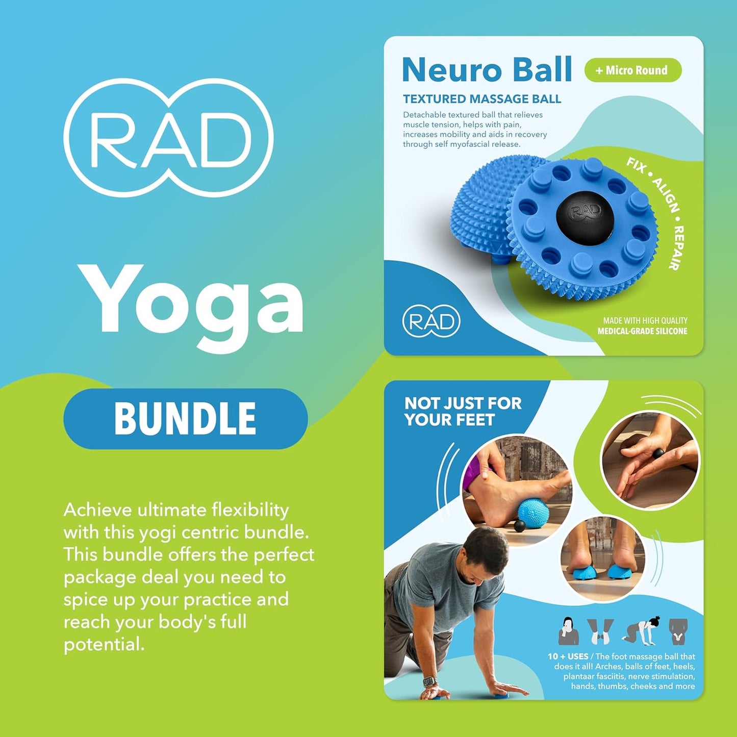 RAD All-in Kit 7-in-1 Foam Roller Set for Whole Body Massage & Myofascial Release with Roller Stick, Yoga Block, Massage Balls Muscle Recovery Tools for Mobility & Flexibility