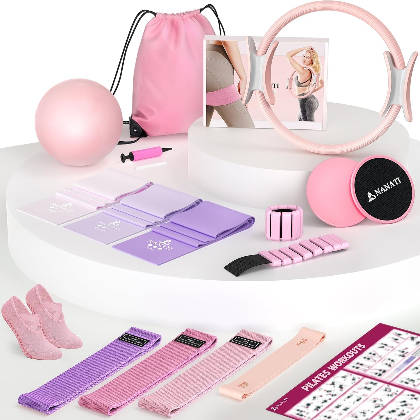 NANATI Pilates Kit, Pilates Essentials Kit for Women Home Workouts, Pilates Equipment with 14.5" Pilates Ring and Ball,7 Resistance Bands,Ankle Weights,Sliders & Grip Socks for Beginners