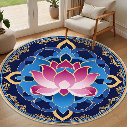 Lotus Flower Small Round Rug 3.3ft Gold Lotus Circle Rug Watercolor Circle Carpet Vintage Area Rugs for Bedroom, Washable Non-Slip Non-Shedding Round Carpet