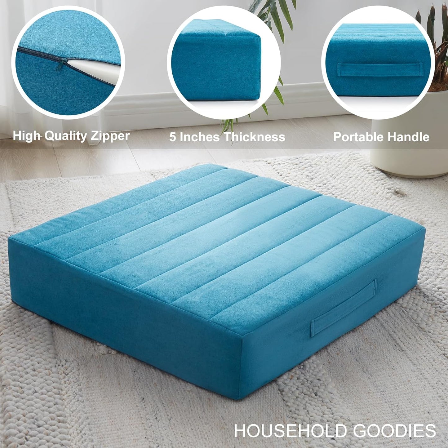 JKMAX 2 Pcs High Density Foam Floor Pillow - Upgraded Large Pillows Seating for Adults - Outdoor Floor Cushion with Soft Tufted Cover - Yoga Pillows for Sitting On Floor - 22 Inch Light Gray