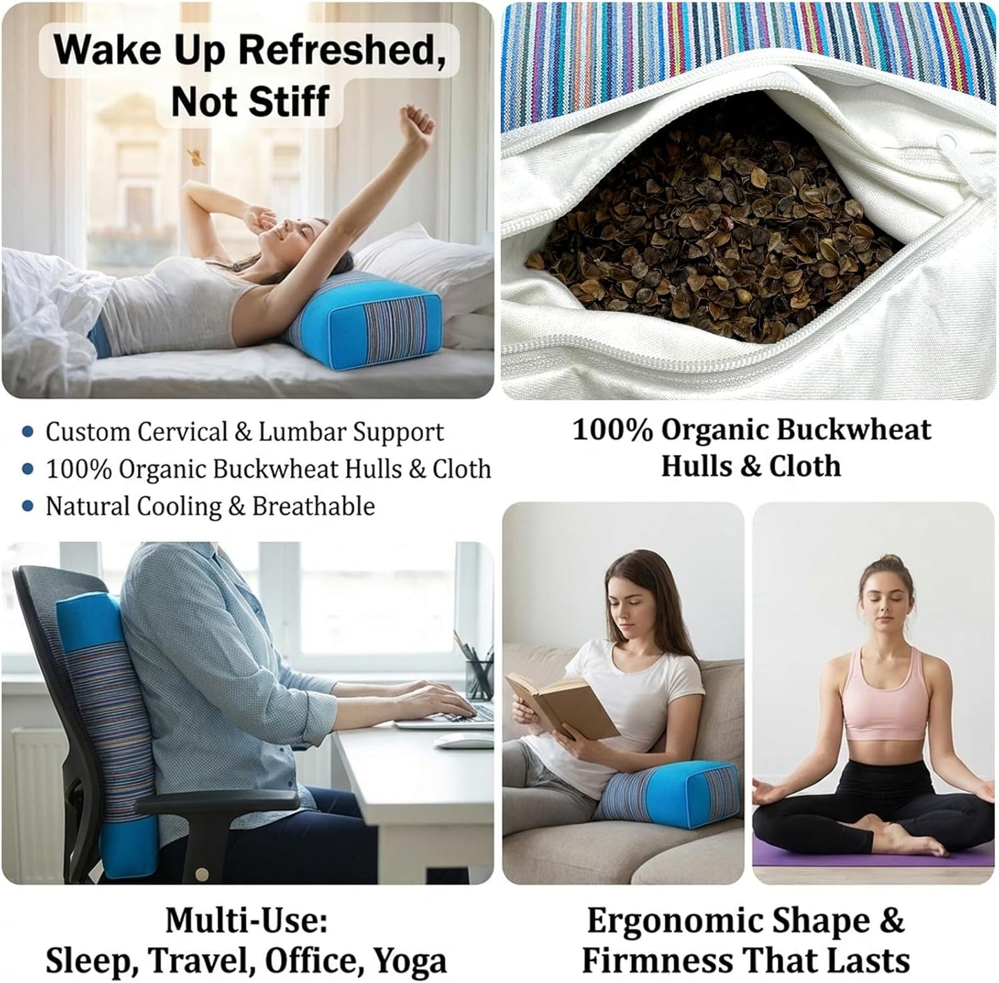 Adjustable Buckwheat Hull Pillow for Neck Pain Relief (21x8x4in) Natural Cooling Cervical Support Organic Pillow for Side & Back Sleepers with Night Sweats (Grey)