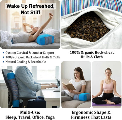Adjustable Buckwheat Hull Pillow for Neck Pain Relief (21x8x4in) Natural Cooling Cervical Support Organic Pillow for Side & Back Sleepers with Night Sweats (Grey)