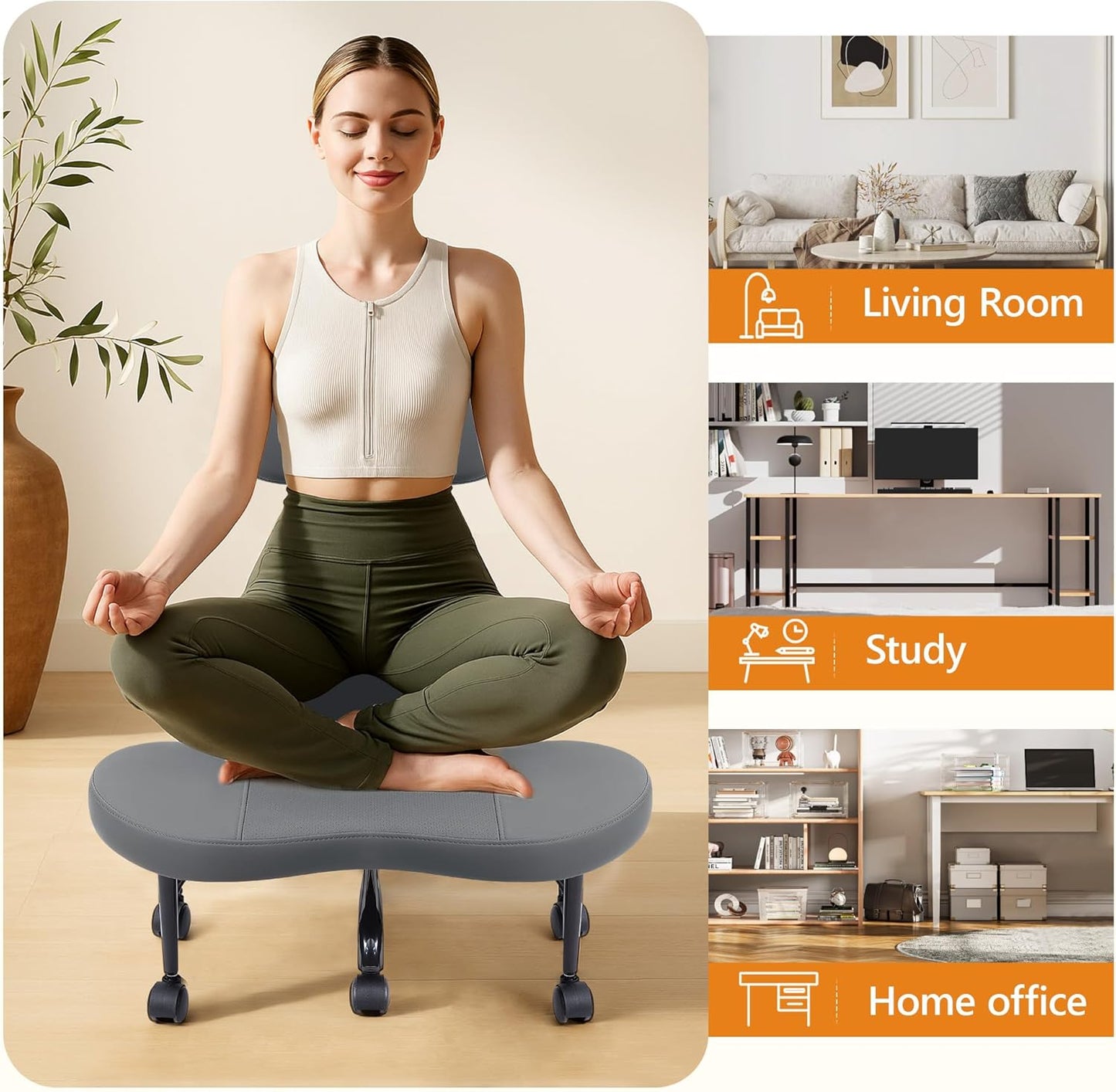 AtHope Cross Legged Office Chair, Criss Cross Desk Chair ADHD Meditation Kneeling Yoga Seat with Adjustable Height, Lumbar Support, Wider Footrest and Wheels (Black)