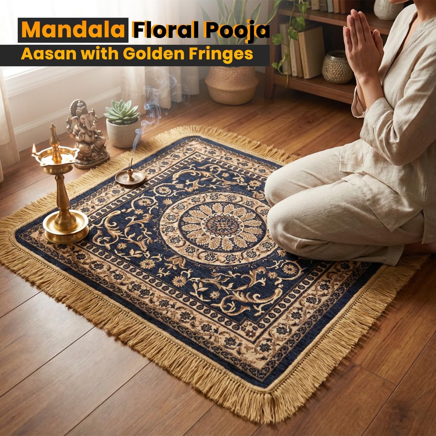 Soft Chenille Prayer Mat | Traditional Mandala Floral Pooja Aasan with Golden Fringes | Multipurpose Square Rug for Meditation, Yoga, Puja Room & Home (Red, 2x2 Feet)