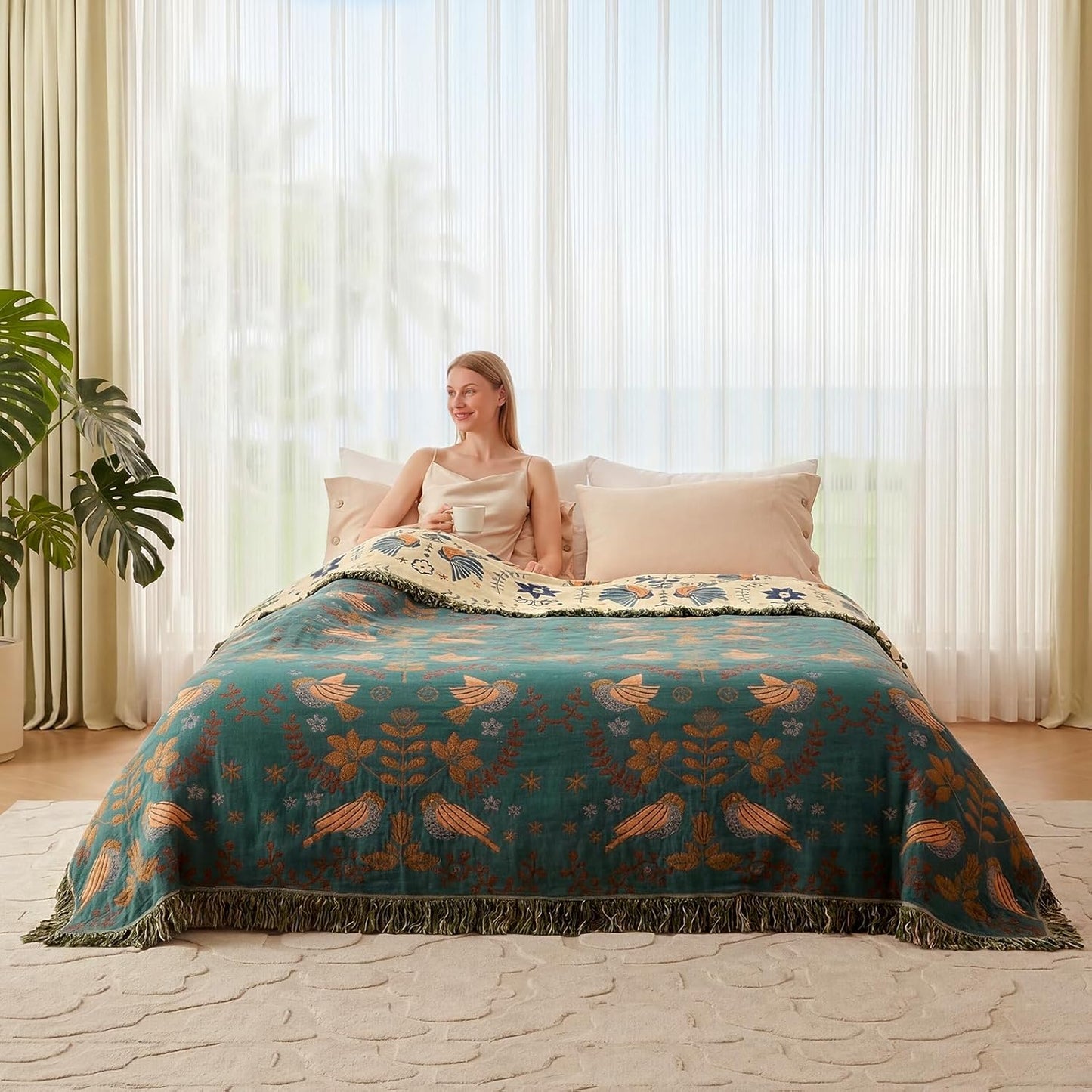 Boho Throw Blanket - 100% Cotton Soft Summer Throw Blanket for Bed, 50"x60" Reversible Breathable Lightweight Blankets, All Seasons Farmhouse Decor Floral Plant Butterfly Throw Quilt