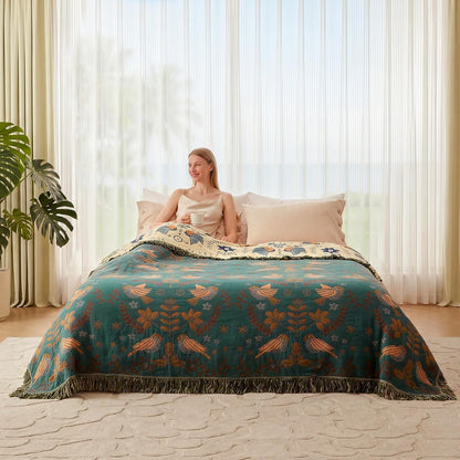 Boho Throw Blanket - 100% Cotton Soft Summer Throw Blanket for Bed, 50"x60" Reversible Breathable Lightweight Blankets, All Seasons Farmhouse Decor Floral Plant Butterfly Throw Quilt