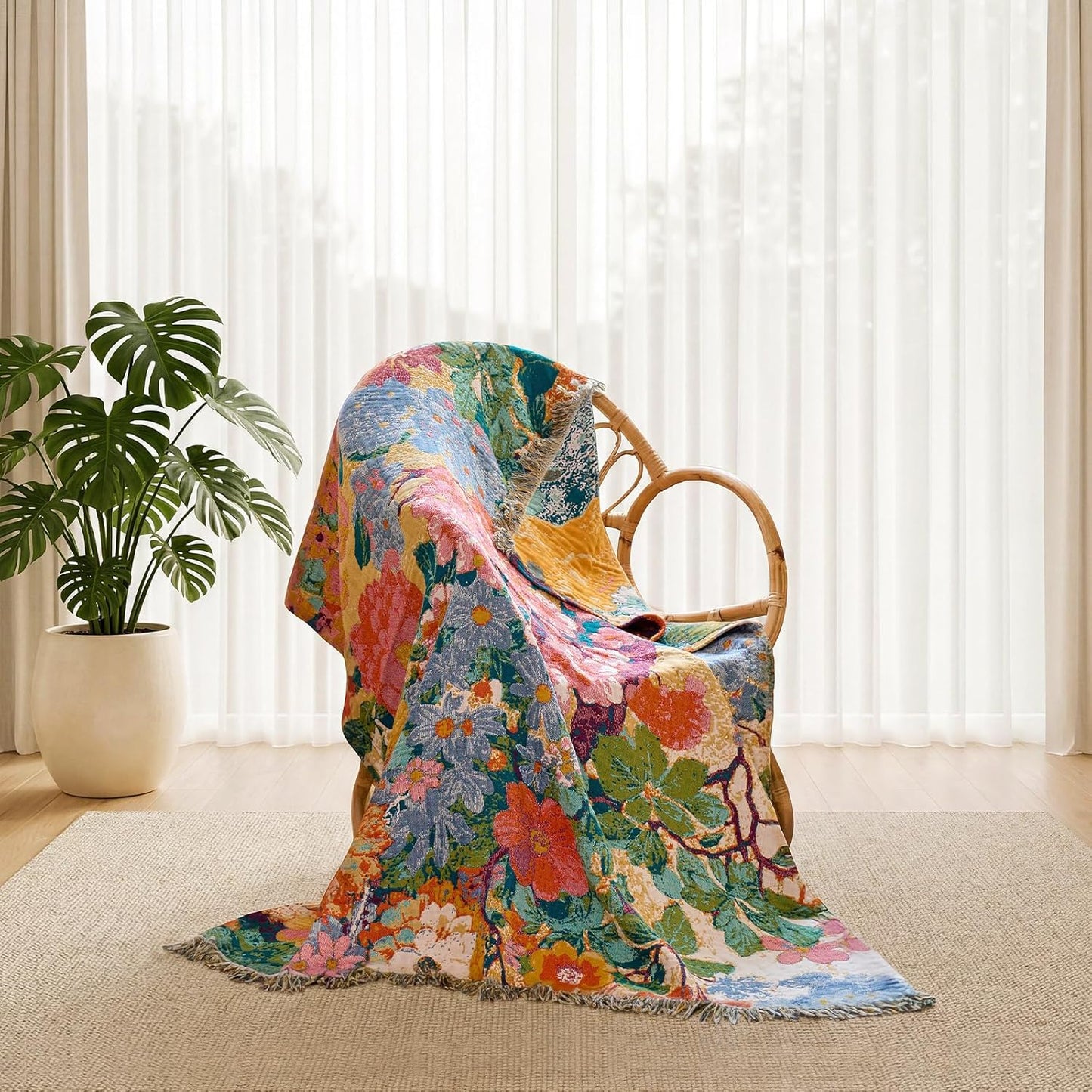 Boho Throw Blanket - 100% Cotton Soft Summer Throw Blanket for Bed, 50"x60" Reversible Breathable Lightweight Blankets, All Seasons Farmhouse Decor Floral Plant Butterfly Throw Quilt
