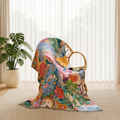Boho Throw Blanket - 100% Cotton Soft Summer Throw Blanket for Bed, 50"x60" Reversible Breathable Lightweight Blankets, All Seasons Farmhouse Decor Floral Plant Butterfly Throw Quilt
