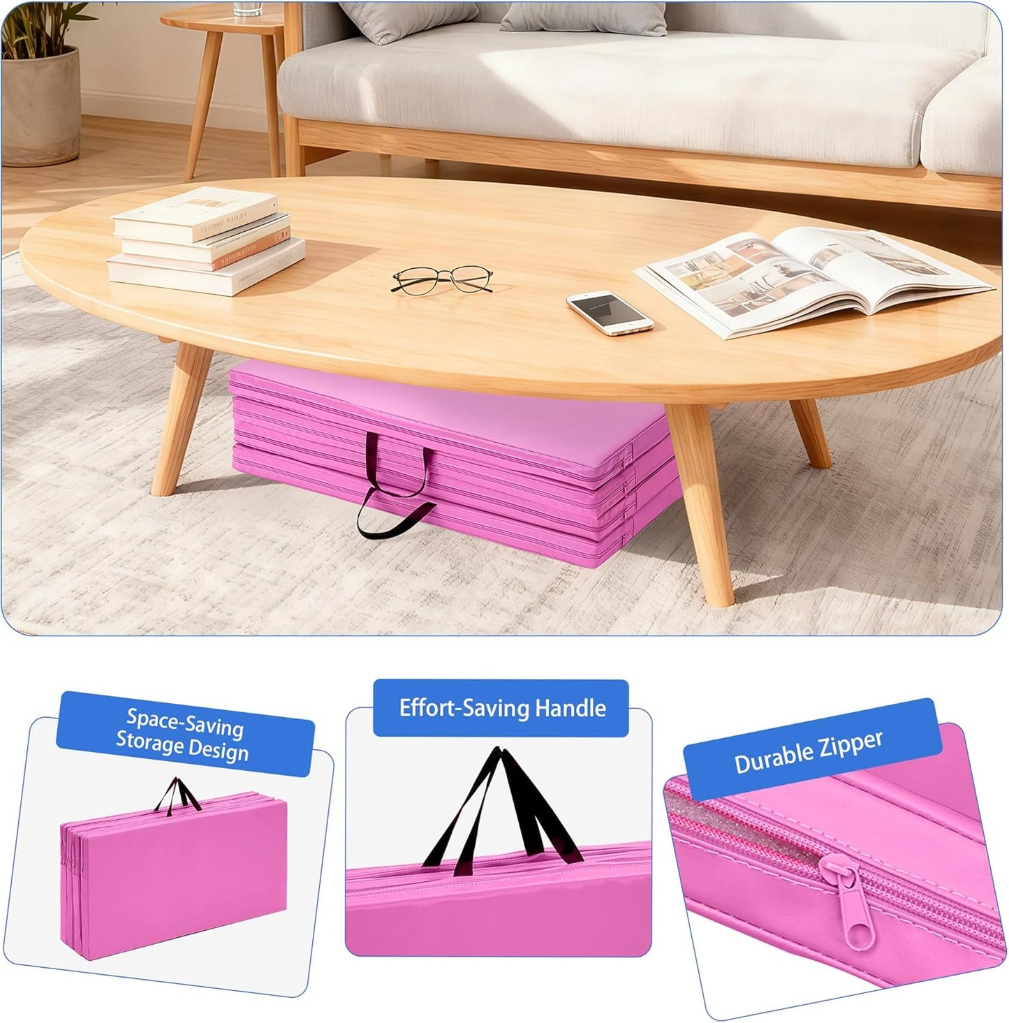 Outdoor Basic 6'x3'x2'' Gymnastics Mats Portable 4-Fold Tumbling Mat Thick Yoga Mat with PU Leather & Carry Handle for Home Workout, Yoga, MMA Core Training, Pilates