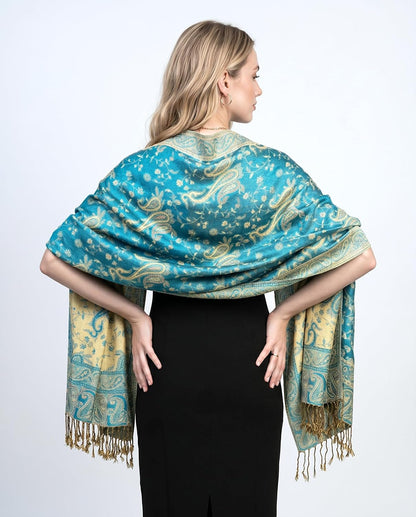 Achillea Reversible Paisley Pashmina Rave Scarf – Exotic Indian Shawls and Wraps for Evening Dresses, Festivals, All Seasons - Colors A
