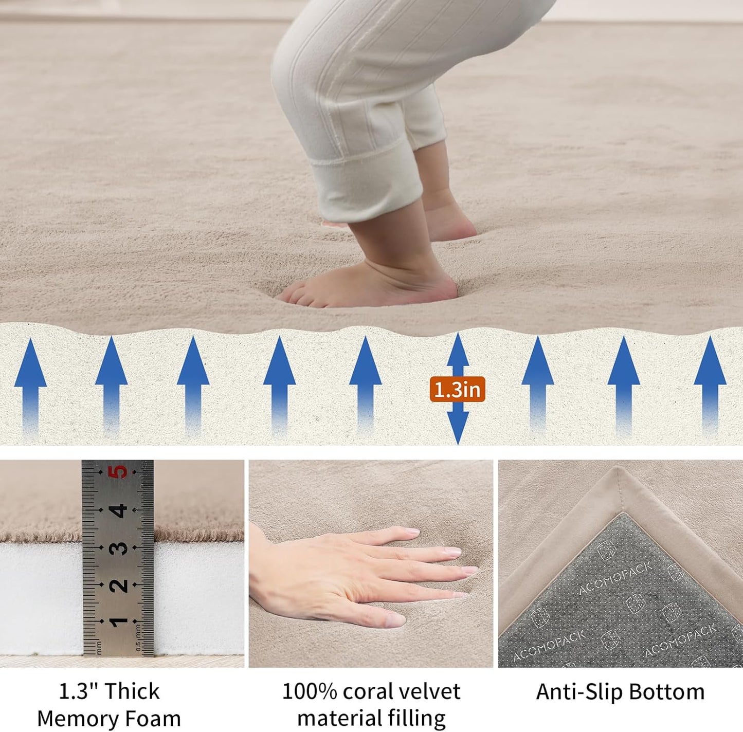 ACOMOPACK Baby Play Mat for Floor,1.3" Thick Memory Foam Area Rug for Living Room,Soft Velvet Crawling with Non-Slip Bottom for Kid,Toddler,39"×59" Tummy Time Nursery Rugs,Yoga（Light Grey）