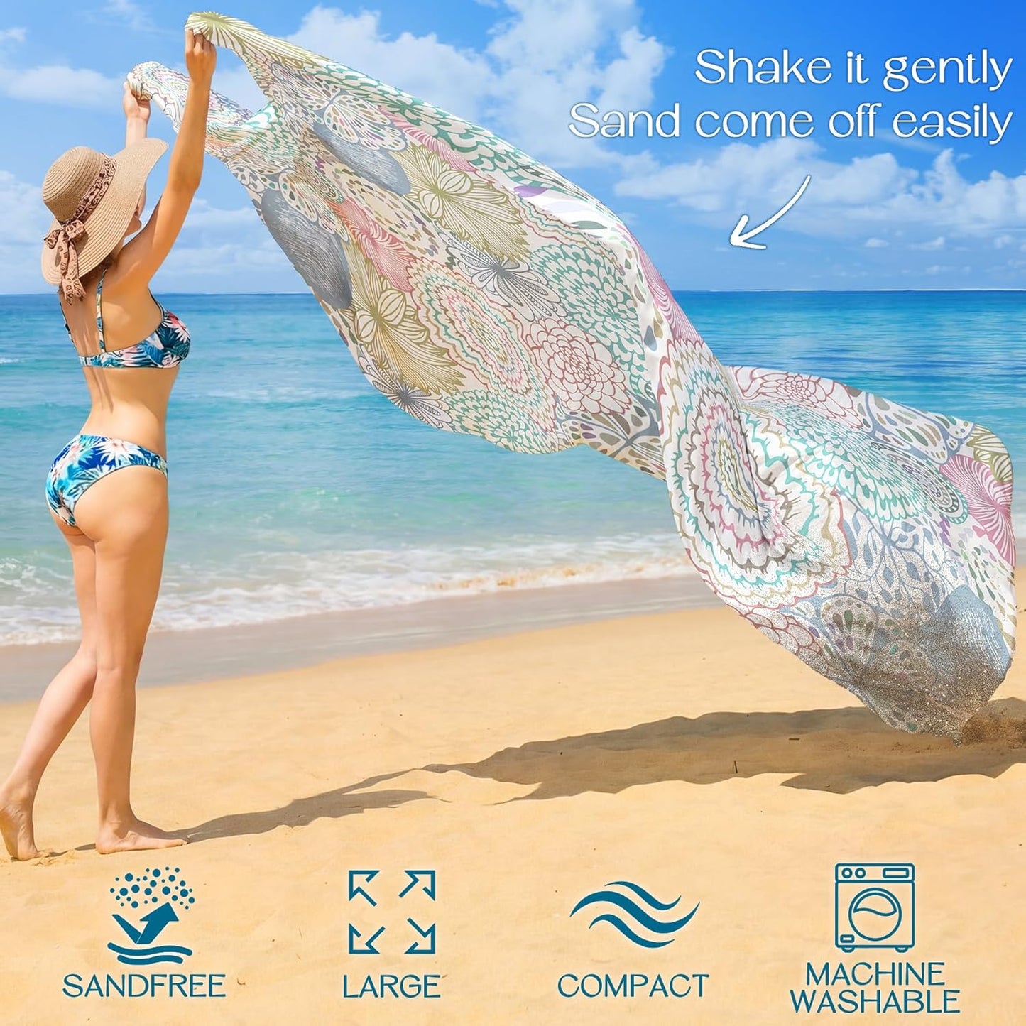 BYDOLL Beach Blanket Waterproof Sandproof Large Sand Free,78''X81''/10'X9' Oversized Sandless Lightweight Blanket Picnic Mat for Beach Travel Camping Hiking with Stakes