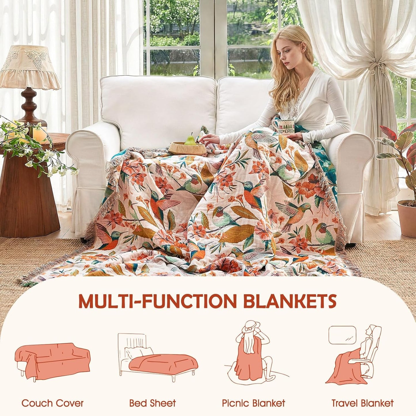 Boho Throw Blanket - 100% Cotton Soft Summer Throw Blanket for Bed, 50"x60" Reversible Breathable Lightweight Blankets, All Seasons Farmhouse Decor Floral Plant Butterfly Throw Quilt