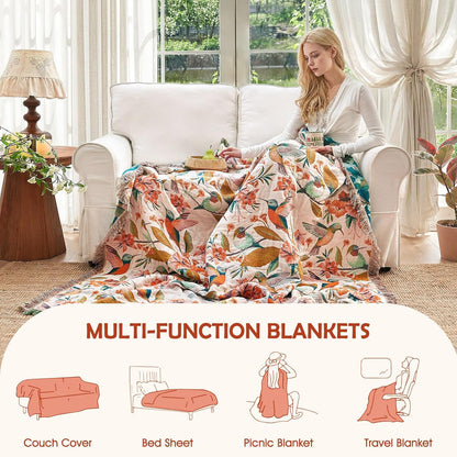 Boho Throw Blanket - 100% Cotton Soft Summer Throw Blanket for Bed, 50"x60" Reversible Breathable Lightweight Blankets, All Seasons Farmhouse Decor Floral Plant Butterfly Throw Quilt
