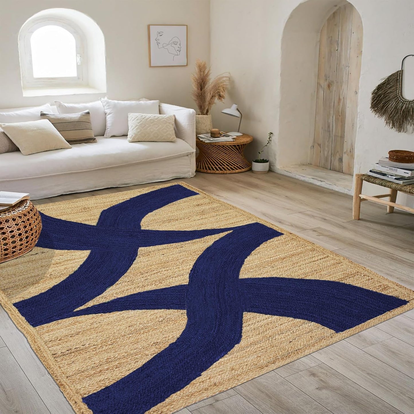 Premium Quality Jute Rug 4x6 Feet Area Rug Natural Fiber Jute Rugs Thick 0.27" Black Abstract Pattern Geometric Rugs for Kids Room, Living Room, Yoga Mat, Indoor Outdoor Carpet - Colors B