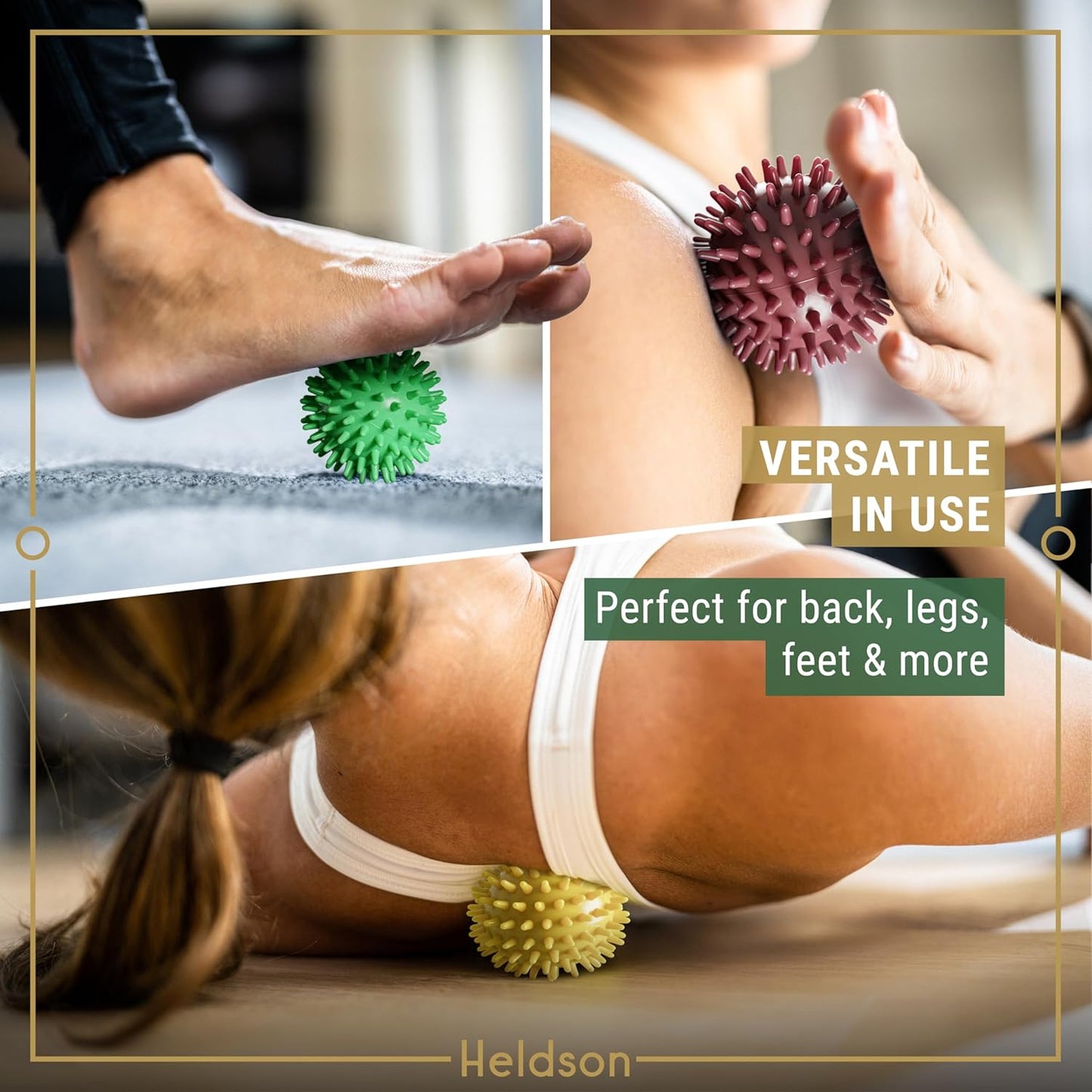 HELDSON® 3 Spiky Massage Balls Set [Soft, Medium, Hard] - Foot Roller Massager Spikes - Spike Trigger Point Ball for Back Pain Relief & Feet - Plantar Fasciitis Deep Tissue Therapy - Spikey Pressure