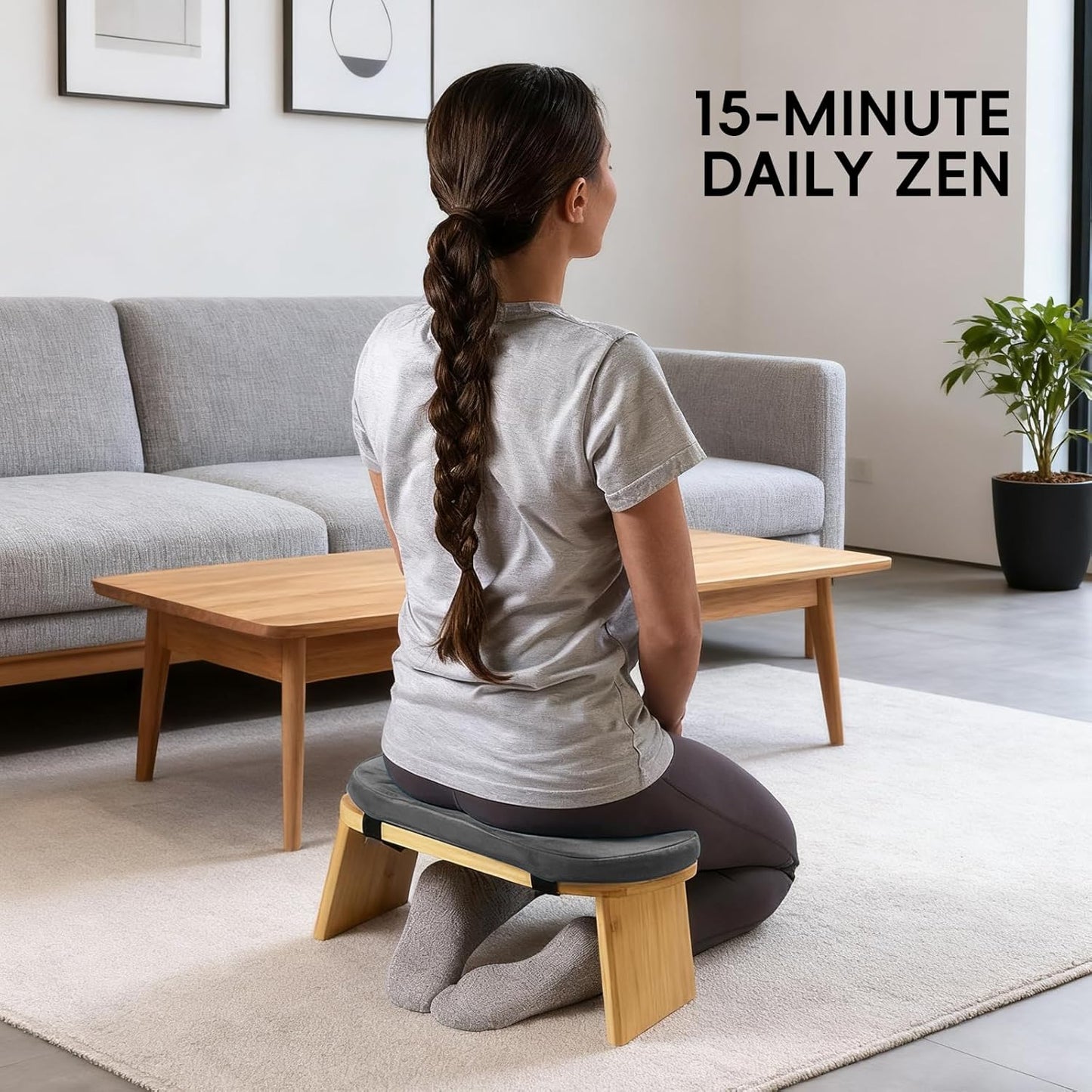 Natural Beech Wood Yoga Bench, Ergonomic Design for Kneeling, Meditation, Pilates, FSC Certified (Green)