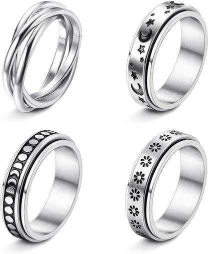 FUNRUN JEWELRY Stainless Steel Fidget Anxiety Ring for Women Men Fidget Spinner Rings Moon Star Celtic Stress Relieving Spinning Ring Wedding Band Rings Set,4-6Pcs