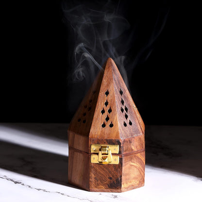 Bless-International Traditional-Handmade-Burner Wooden-Incense-Stick-Holder Ash-Catcher-Stand for-Aromatherapy-Meditation-Yoga (5 Inch Temple Wooden Charcoal/Cone)