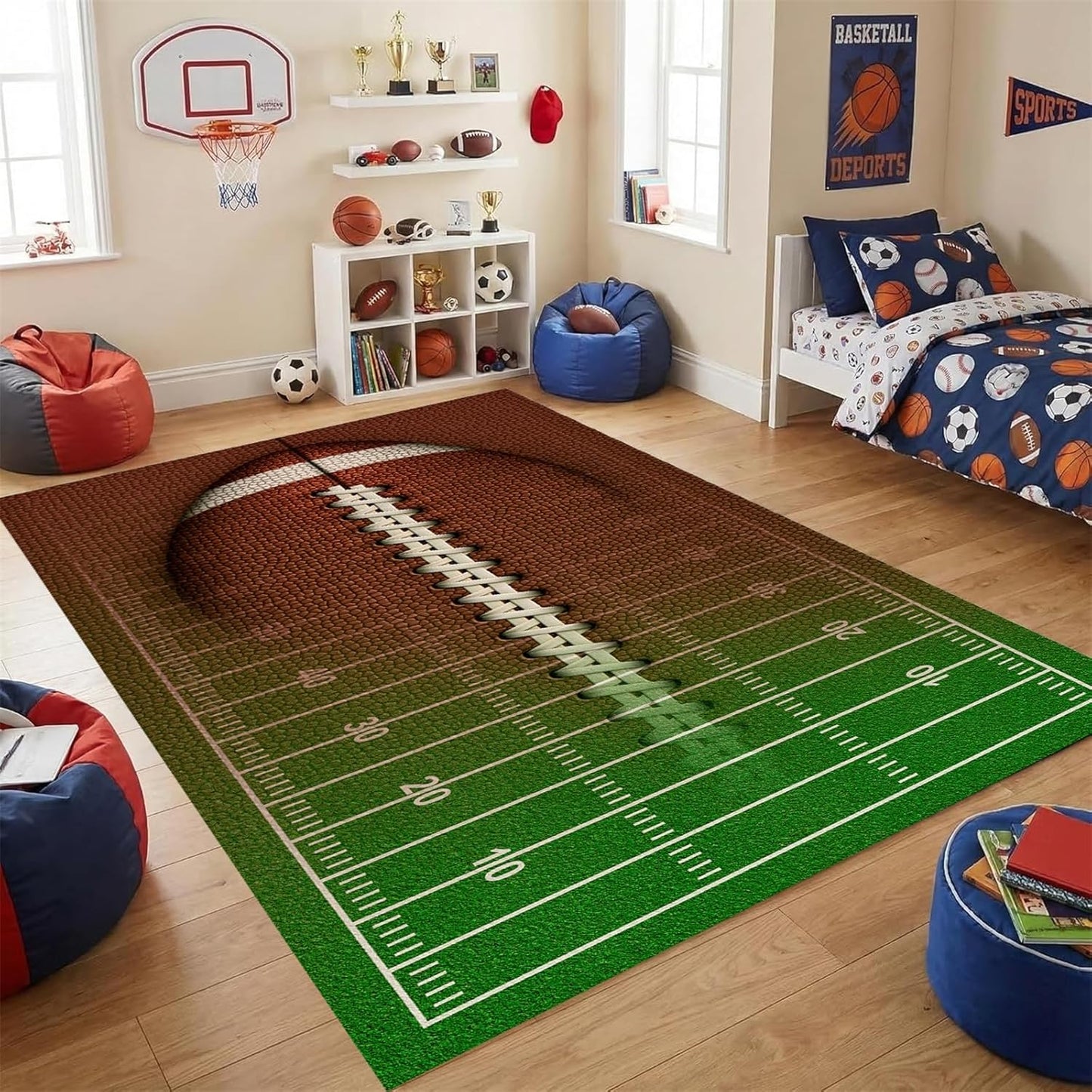 Sports Field Area Rug,5x7ft, Soccer Field Chalked Blackboard Football Stadium Board Painted Non-Slip Soft Carpet Floor Mat Indoor Living Room Bedroom Rugs Yoga Mat Home Decor