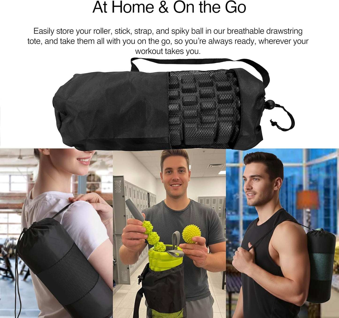 321 STRONG Foam Roller Set with: Hollow Core Roller, Muscle Roller Stick, Stretching Strap, Spikey Ball, Quick Start Guide, Carry Bag, and 4K eBook
