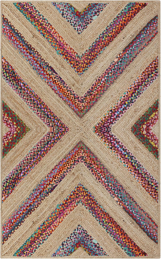 Kilim Rug 3' Round Area Rug Olive Beige White Braided Jute Carpet, Indoor Outdoor Flatweave Rug for Bedroom, Bedside, Kitchen, Beach & Terrace Yoga Mat - Colors B