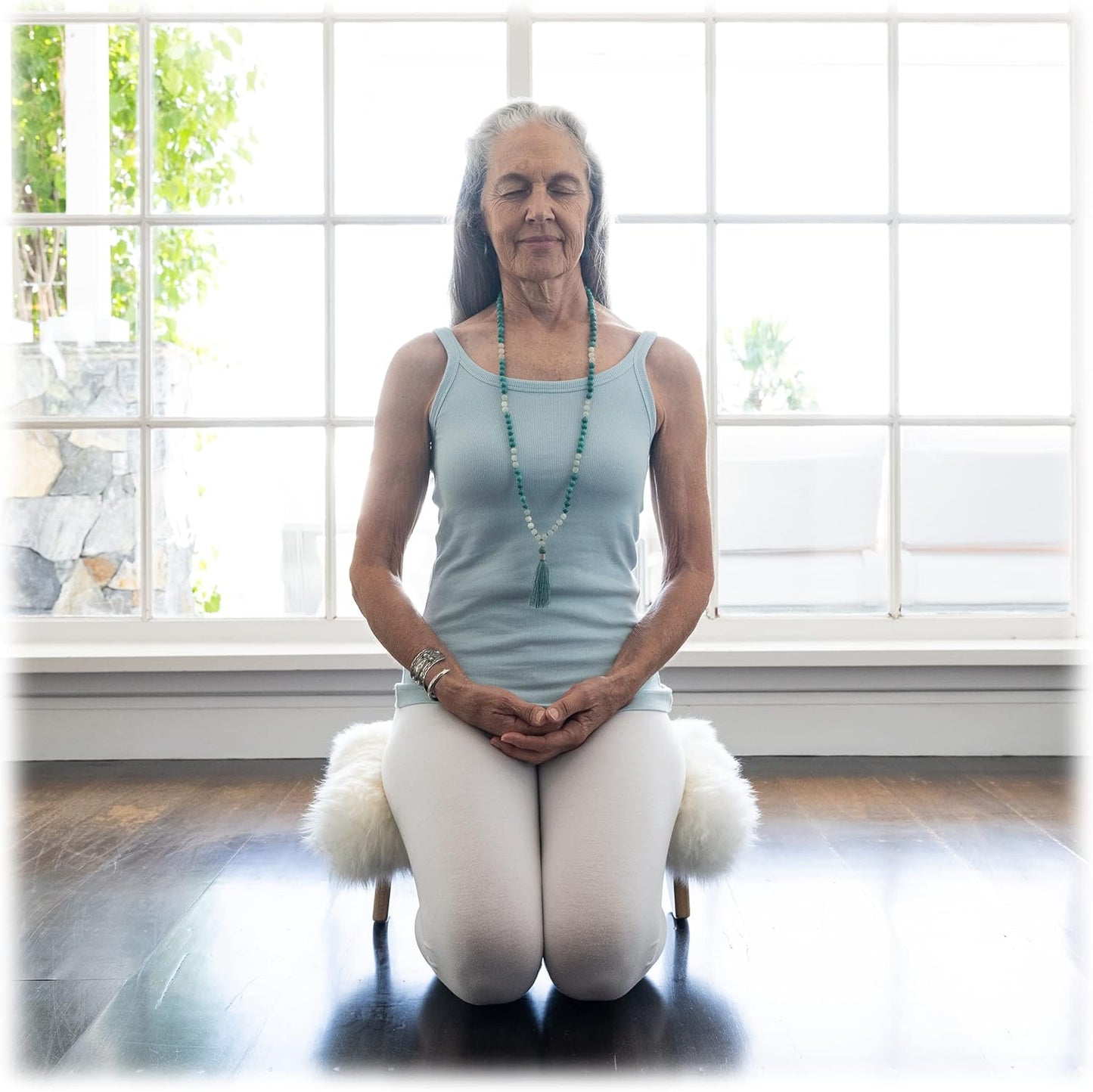 Meditation Bench Luxury Genuine Sheepskin Seat Cover meditate deeper & longer in pure comfort - mindful prayer kneeler - unique ergonomic design supports back and knees to bring health & wellbeing