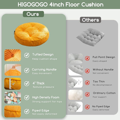 HIGOGOGO Floor Pillow Cushion for Adults, Meditation Cushion Pillow, Large Square Floor Sitting, Tufted Corduroy Cover, for Tatami Living Room or Yoga, 22x22 Inch, Dark Grey