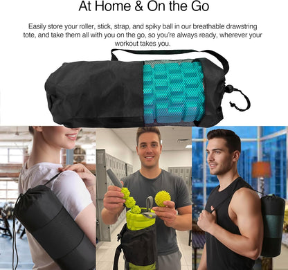 321 STRONG Foam Roller Set with: Hollow Core Roller, Muscle Roller Stick, Stretching Strap, Spikey Ball, Quick Start Guide, Carry Bag, and 4K eBook