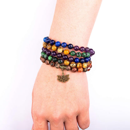 Bivei 7 Chakra 108 Mala Beads Bracelet Real Gemstone Yoga Meditation Hand Knotted Mala Prayer Bead Necklace