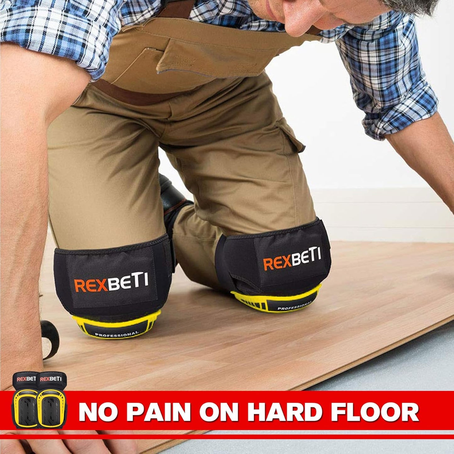 REXBETI Knee Pads for Work, Construction Knee Pads for Men, Heavy Duty Comfortable Anti-slip Foam Gel Knee Pads for Gardening Flooring and Cleaning, Strong Stretchable Straps, Orange