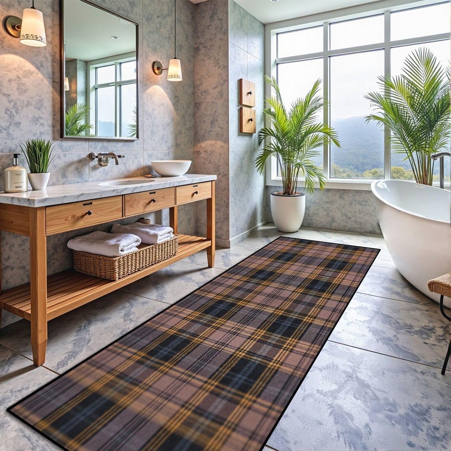 Runner Rug Washable 2x6 White Navy Blue Green Tartan Plaid Scottish Texture from Tartan Plaid Non-Slip Hallway Area Rug Indoor Outdoor Home Decor for Entryway Bathroom Kitchen Carpet Yoga Floor Mat