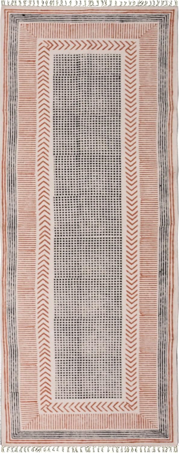 2x6 Ft Geometric Pattern Indian Handmade Cotton Runner Extra Large Hand Woven Flat Weave Yellow Black High Traffic Area Indian Yoga Mat Runner Low Pile Indoor Outdoor Use Rug - Colors B