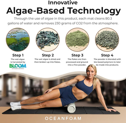Oceanfoam Travel Workout Mat – 0.3" Thick Folding Exercise Mat for Yoga, Pilates, & Fitness – Non-Slip with Cotton Carrying Strap, Made with Sustainable Algae Foam – 24" x 72" (Black Marbled)