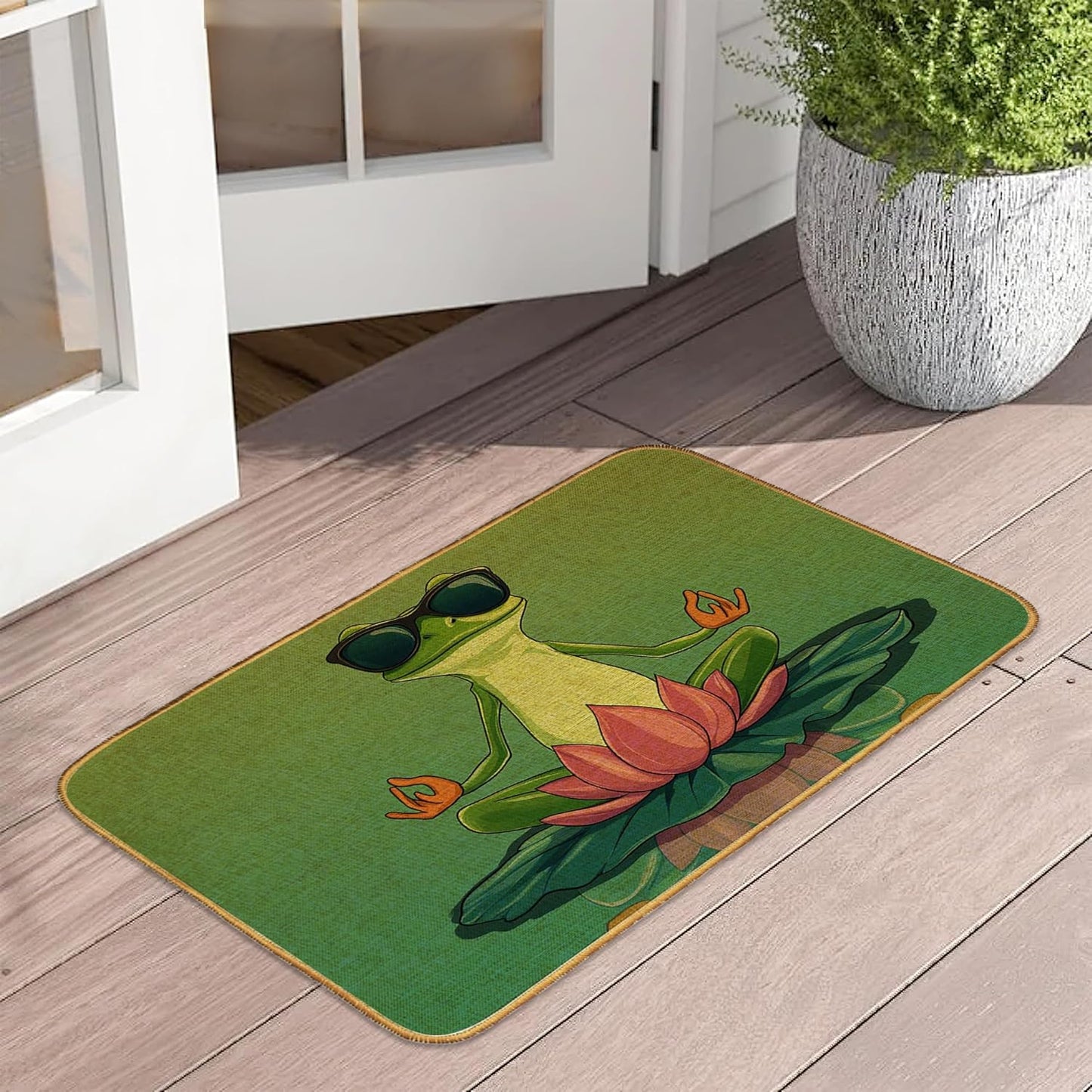 Doormat Yoga Frog Front Door Mat Indoor Outdoor Entrance,Pink Lotus Flower Door Mat Waterproof Low Profile All-Season,Easy Clean Patio Porch Entryway Floor Rug 17x29 Inch