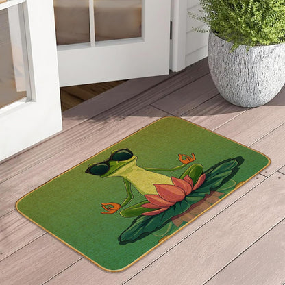Doormat Yoga Frog Front Door Mat Indoor Outdoor Entrance,Pink Lotus Flower Door Mat Waterproof Low Profile All-Season,Easy Clean Patio Porch Entryway Floor Rug 17x29 Inch