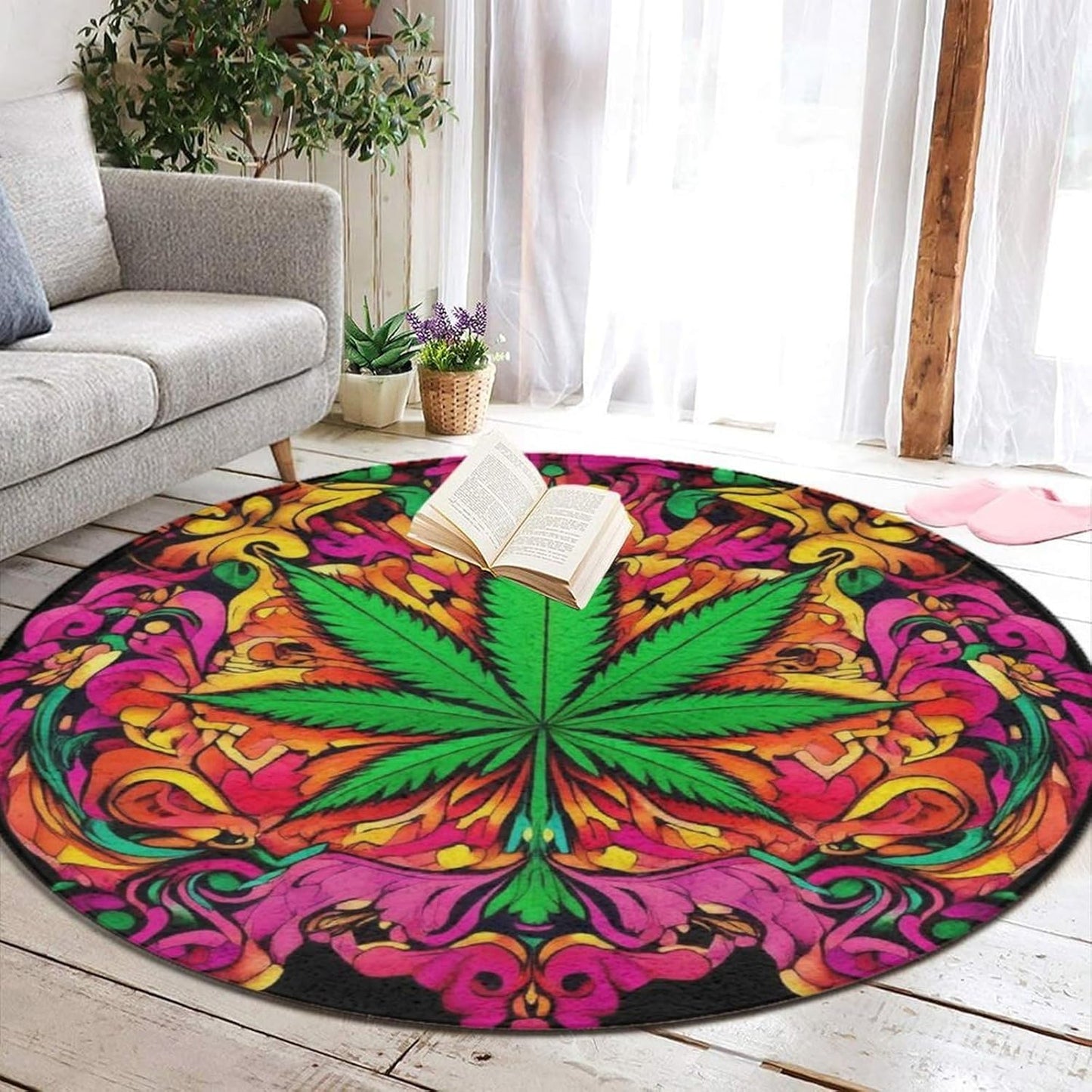 Machine Washable Modern Round Area Rug, Room Sofa Yoga Soft Round Carpet, Home Decor Non Slip Kitchen Office Circle Rug Union Jack Flag UK Mandala Art, 60inch
