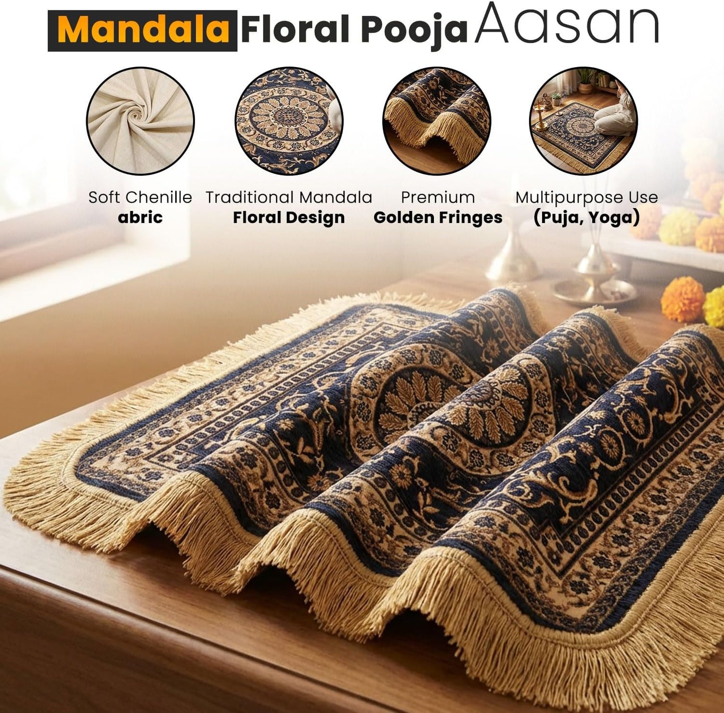 Soft Chenille Prayer Mat | Traditional Mandala Floral Pooja Aasan with Golden Fringes | Multipurpose Square Rug for Meditation, Yoga, Puja Room & Home (Red, 2x2 Feet)