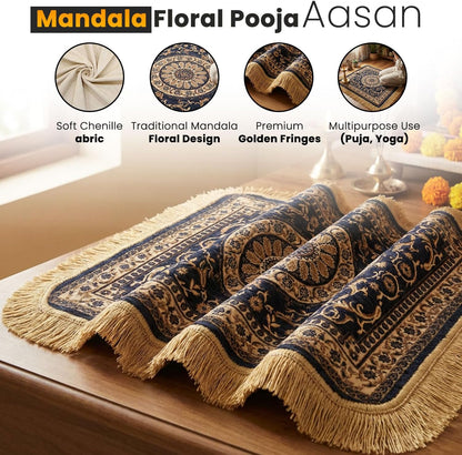 Soft Chenille Prayer Mat | Traditional Mandala Floral Pooja Aasan with Golden Fringes | Multipurpose Square Rug for Meditation, Yoga, Puja Room & Home (Red, 2x2 Feet)