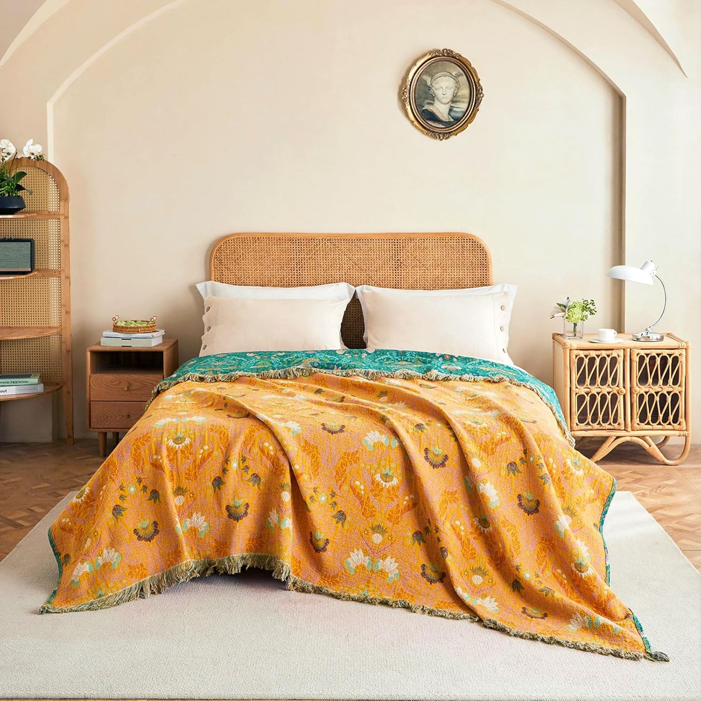 Boho Throw Blanket - 100% Cotton Soft Summer Throw Blanket for Bed, 50"x60" Reversible Breathable Lightweight Blankets, All Seasons Farmhouse Decor Floral Plant Butterfly Throw Quilt