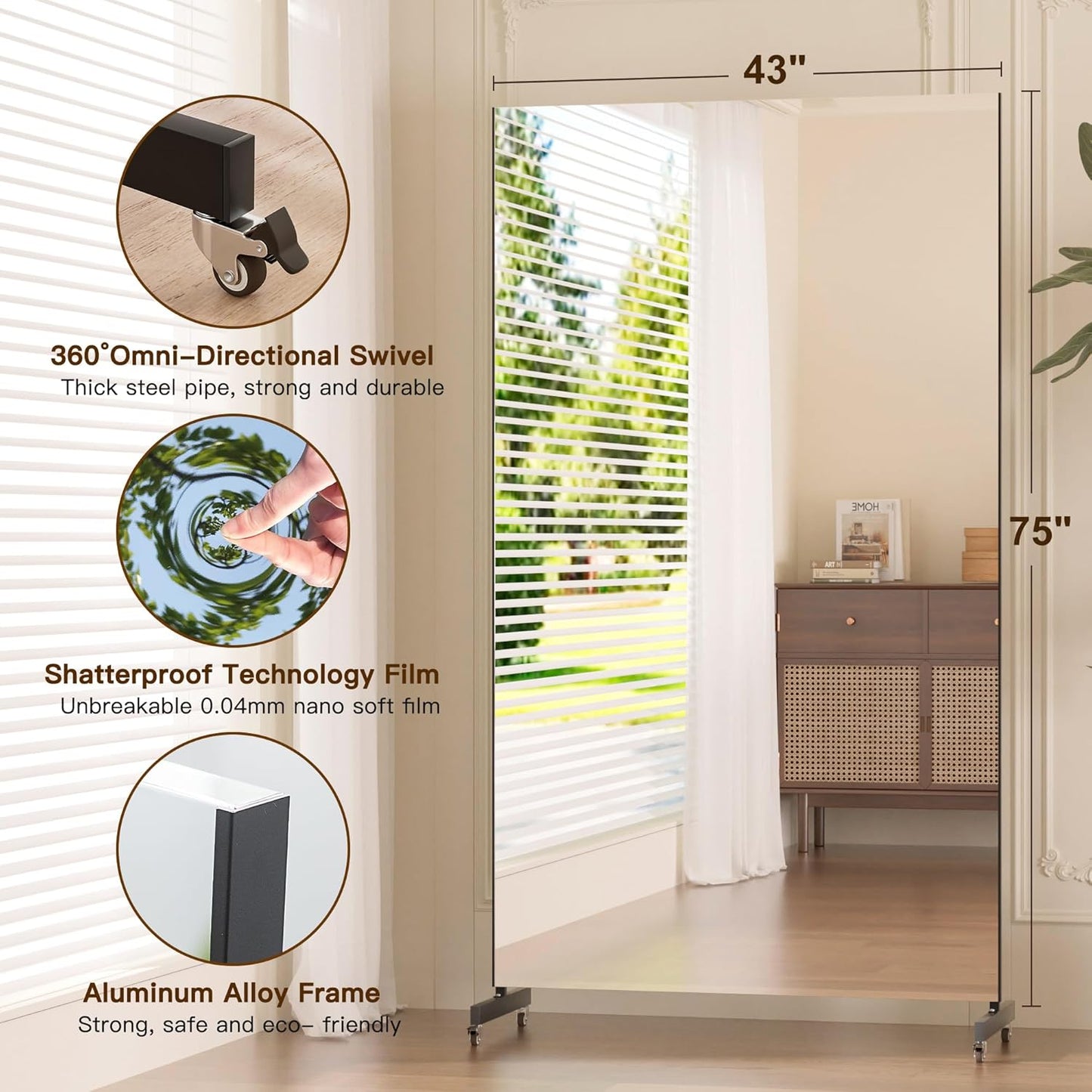 brisafe NanoMirror Non-Glass Ultra-Light Home Gym on Wheels, 75" x 32" Extra Large Full Body Mirror, Unbreakable & Shatterproof, 360° Swivel for Yoga, Dance, Fitness Studio & Home, Black