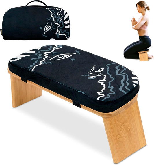 Zaveur Bamboo Meditation Bench with Cushion - Foldable Bench for Multiple Seating Angles - Kneeling Chair Meditation Stool - Yoga Chair Prayer Bench for Deeper and Longer Meditation - Brown
