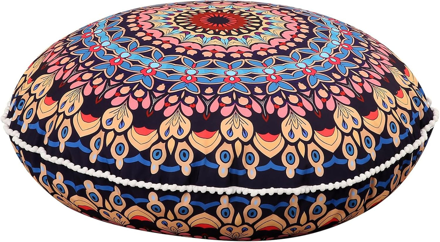 LOVMOC 32 Inch Round Floor Pillow for Adults, Large Thick Memory Foam Boho Mandala Meditation Floor Seating Cushion, Machine Washable for Living Room Outdoor Yoga Floor Sitting, Navy Blue