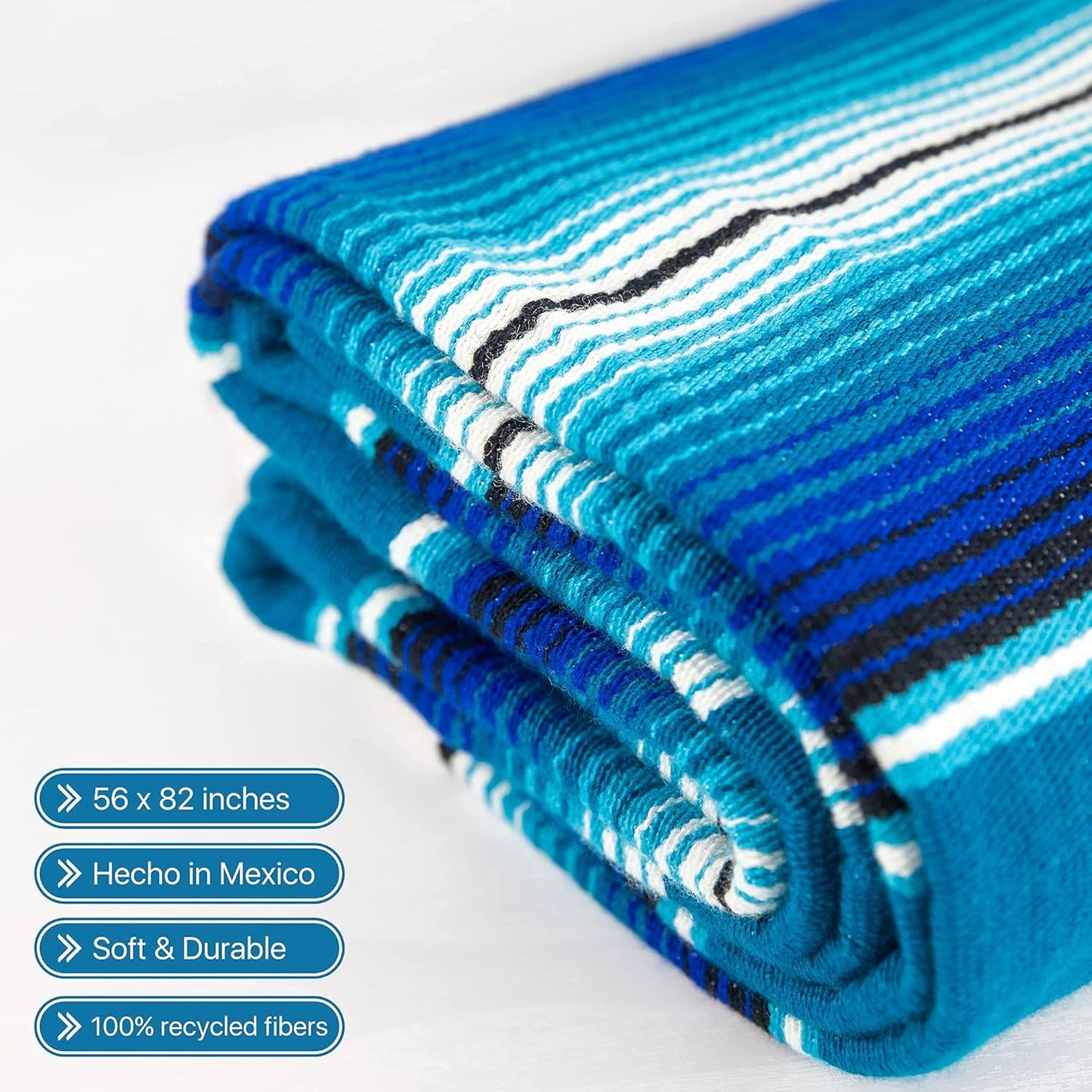 Benevolence LA Mexican Blanket, Authentic Handwoven Yoga Blanket & Outdoor Blanket, Made by Traditional Mexican Artisans, Saddle Blanket, Beach Blanket, Picnic Blanket, & Car Blanket 75 x 52 - Agua