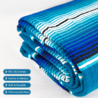 Benevolence LA Mexican Blanket, Authentic Handwoven Yoga Blanket & Outdoor Blanket, Made by Traditional Mexican Artisans, Saddle Blanket, Beach Blanket, Picnic Blanket, & Car Blanket 75 x 52 - Agua